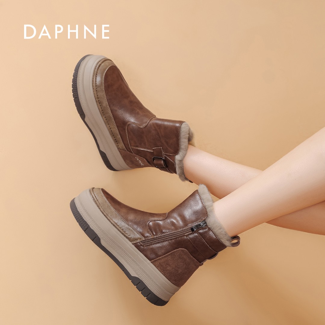 Daphne/达芙妮女鞋2024冬季高帮鞋厚底增高加绒保暖复古时尚百搭主图