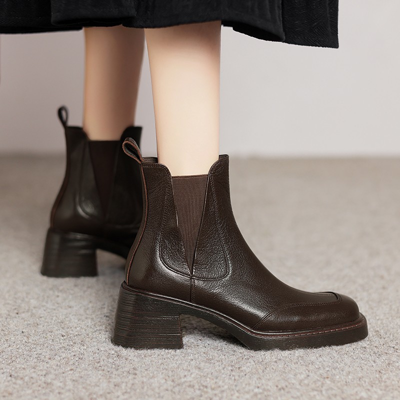 【NICESEE】5.5cm,新款真皮粗跟短靴女切尔西百搭方头羊皮马丁靴主图