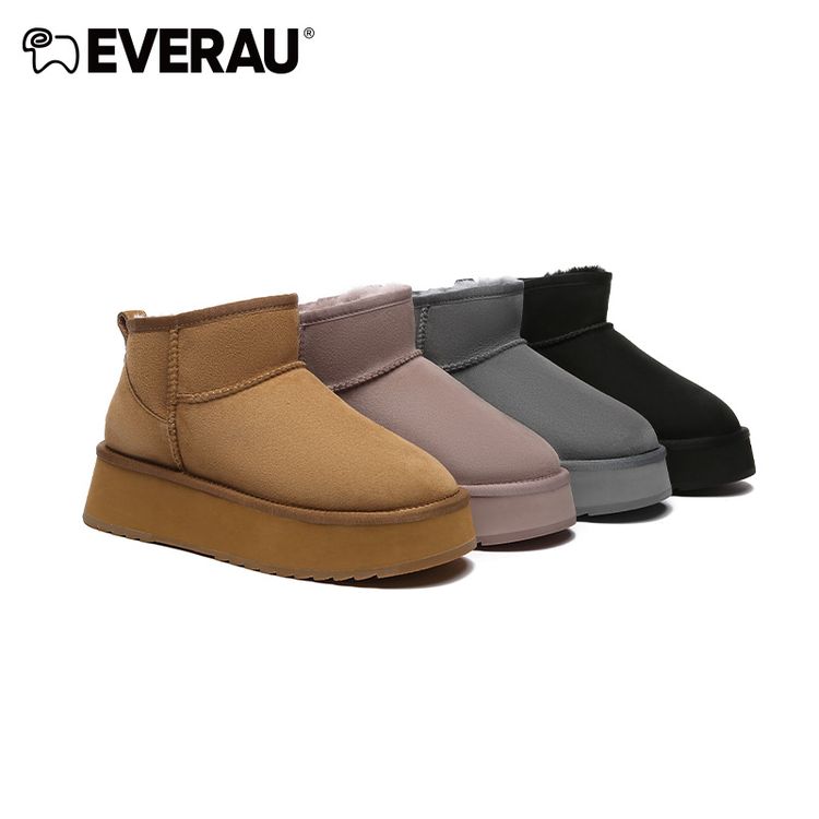 EVERAU女士真皮保暖雪地靴加绒秋冬厚底mini低筒羊皮毛一体EA3143主图