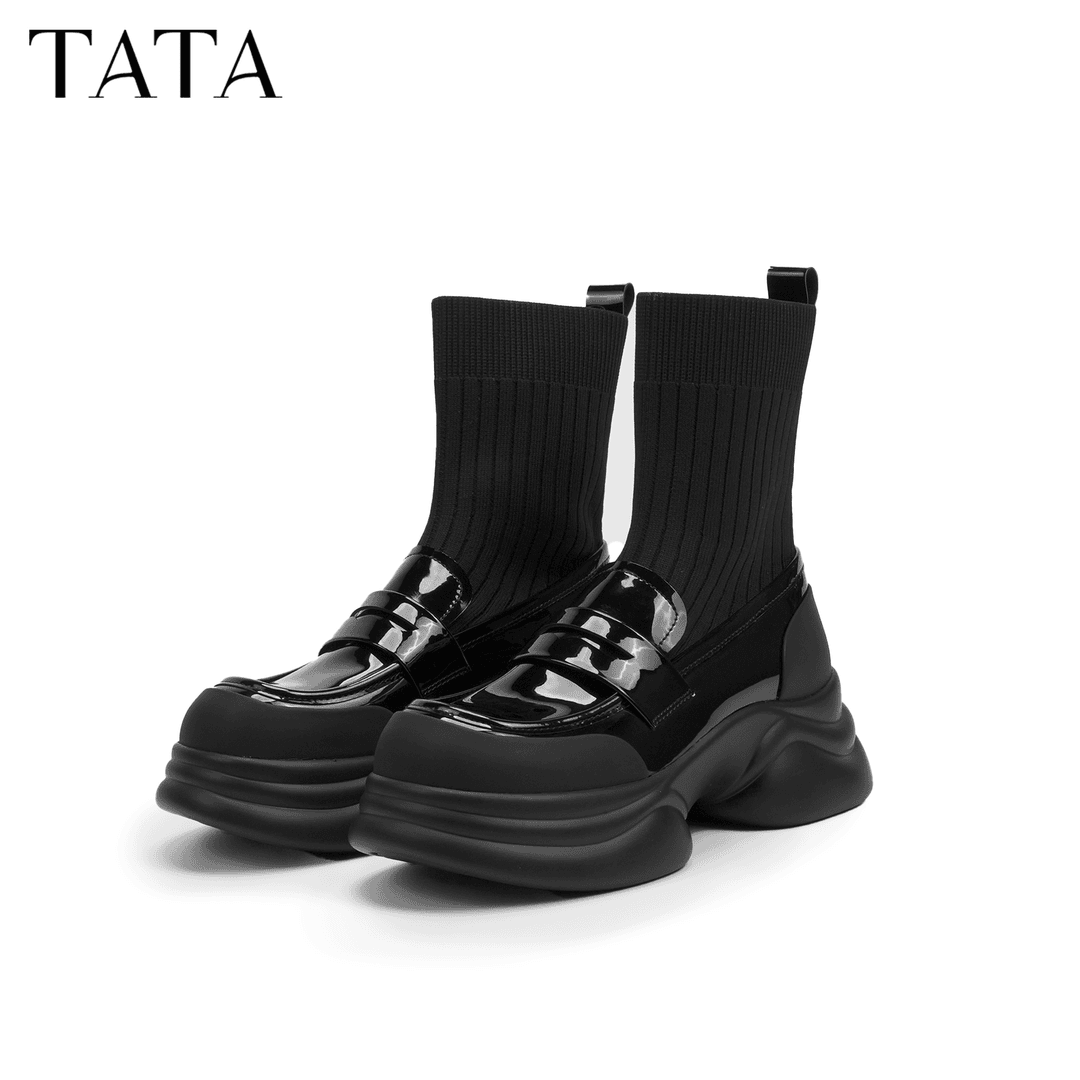 TATA/他她2024冬百搭厚底休闲时尚简约乐福袜靴女新款CCJ02DZ4主图