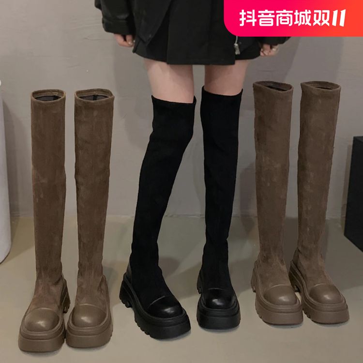 【贾不假】过膝靴女2024秋季新款小个子厚底复古风显瘦洋气弹力靴主图