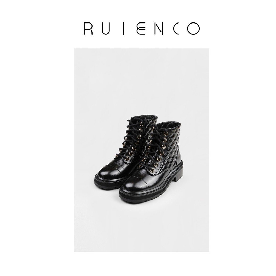 RuienCo. 小香风菱格短靴 头层牛油皮羊皮圆头系带时尚百搭靴子主图