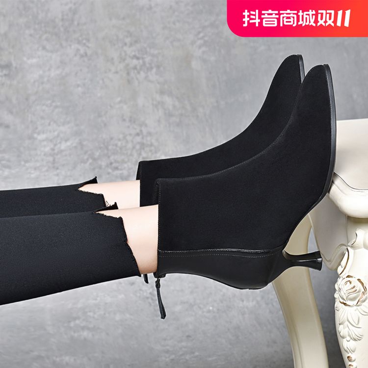 羊皮靴子女短靴秋冬气质尖头洋气百搭瘦瘦靴高跟裸靴女人味小短靴主图
