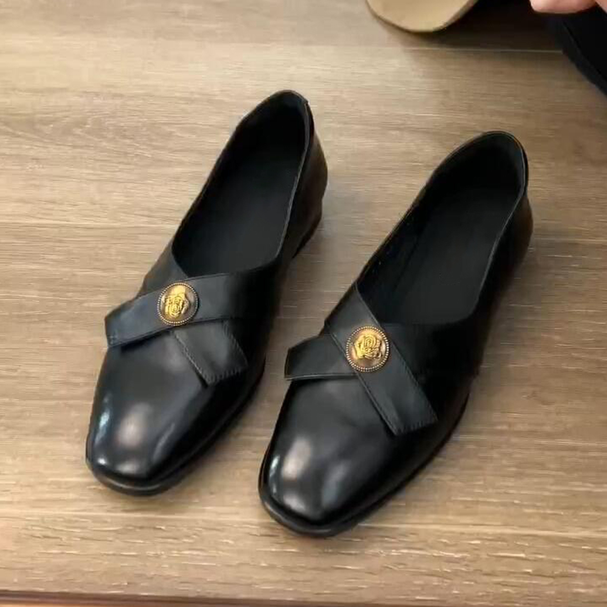 羊皮版~复古浅口小皮鞋女金币方头低跟奶奶鞋一脚蹬真皮黑色单鞋主图