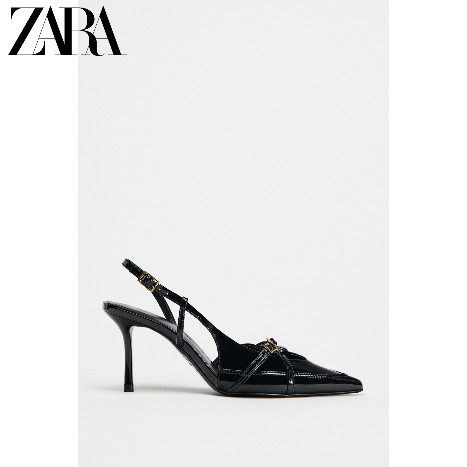 ZARA新款 女鞋 黑色搭扣饰带饰细高跟尖头穆勒鞋 3200510主图