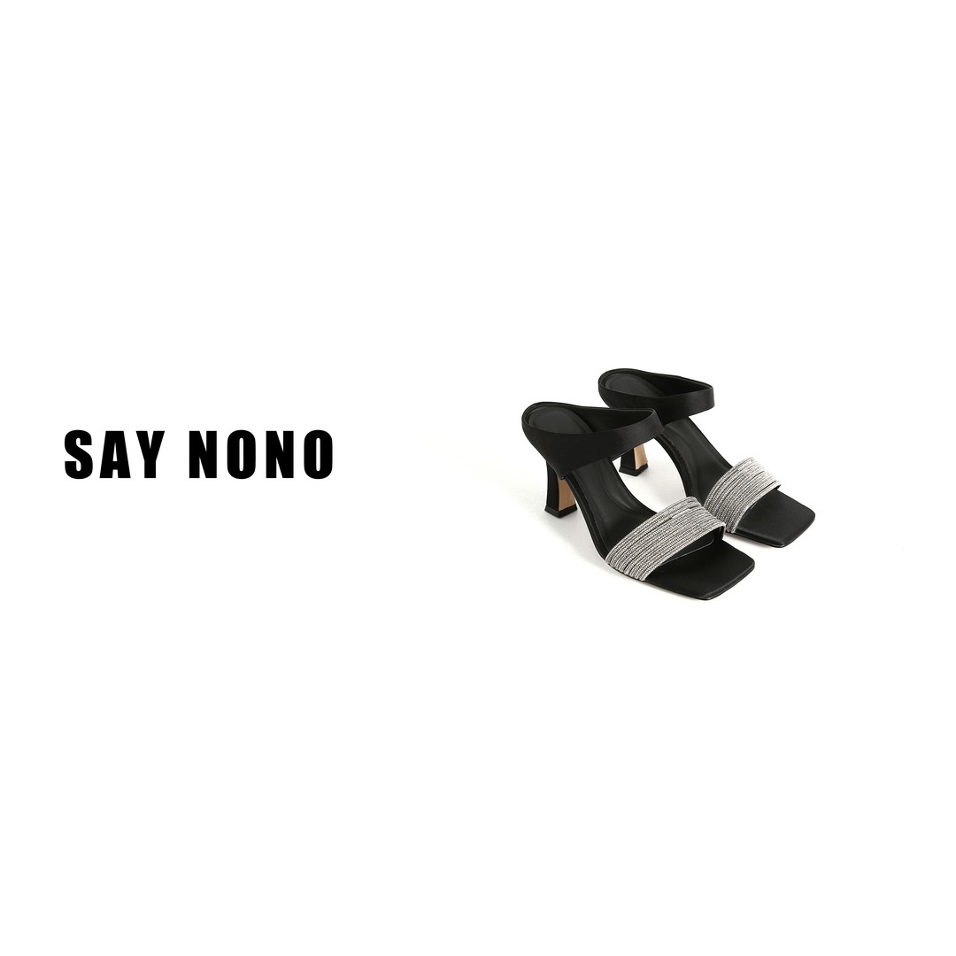 Say  nono   方头粗跟百搭露趾气质性感一字带水钻高跟凉鞋8cm主图
