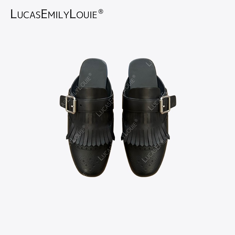 LUCASEMILYLOUIE 流苏包头磨砂胎牛皮平底穆勒拖鞋250028主图