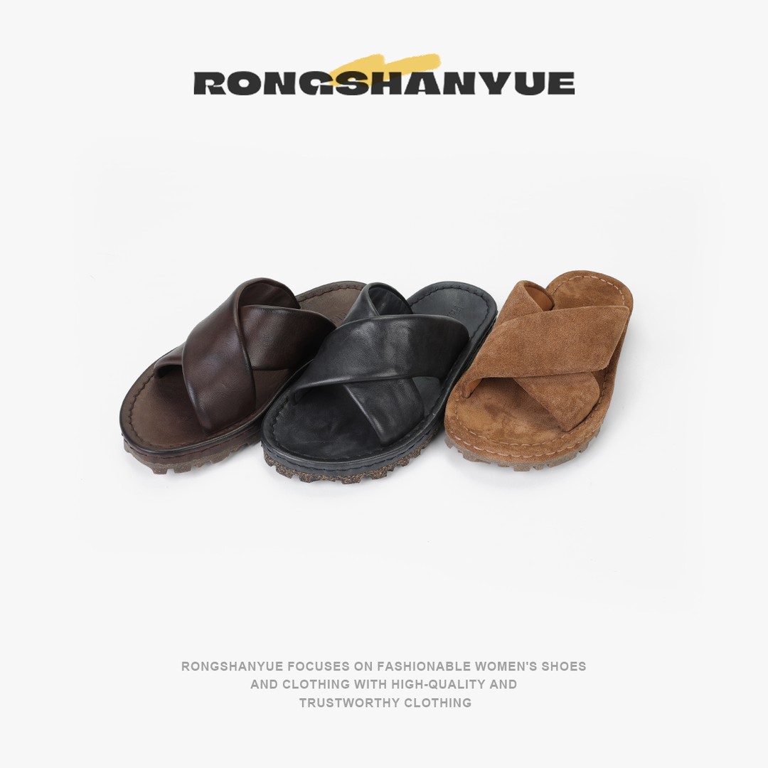 Rongshanyue复古百搭牛皮情侣勃肯鞋交叉绑带一字拖鞋凉鞋B1232主图