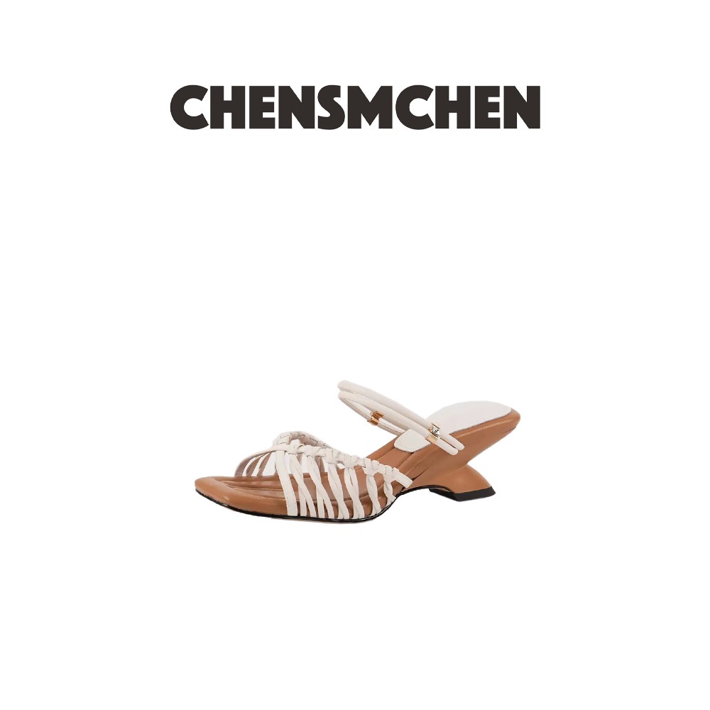 CHENSMCHEN 法式复古编织镂空方头露趾异性跟凉拖鞋6705主图
