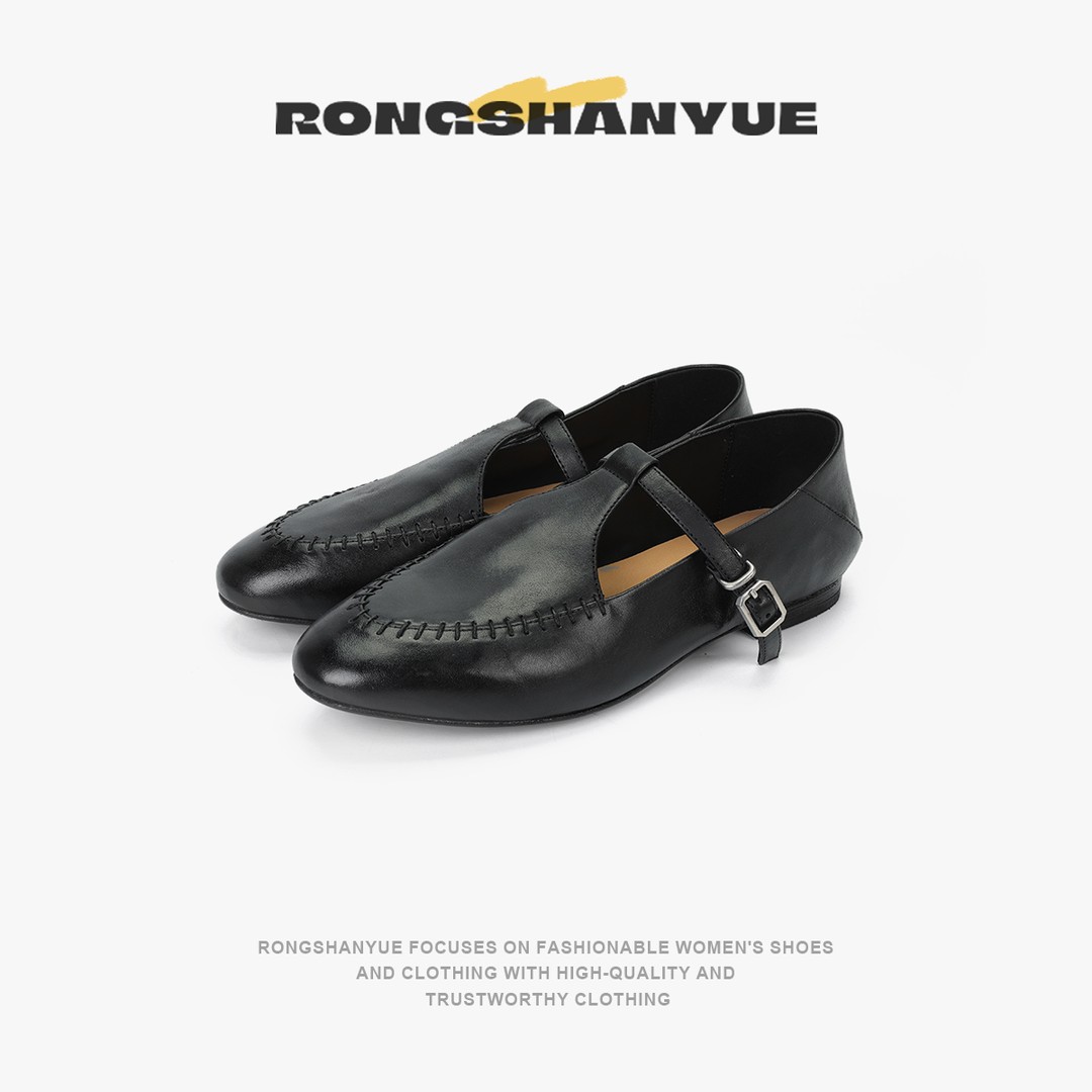 Rongshanyue牛皮玛丽珍鞋女2025新款复古一字带平底单鞋B1238主图