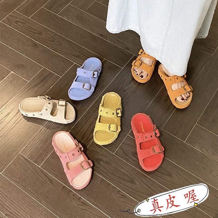 脚感巨舒服！真皮2025新款夏季拖鞋女外穿厚底鞋一字凉拖鞋2066主图