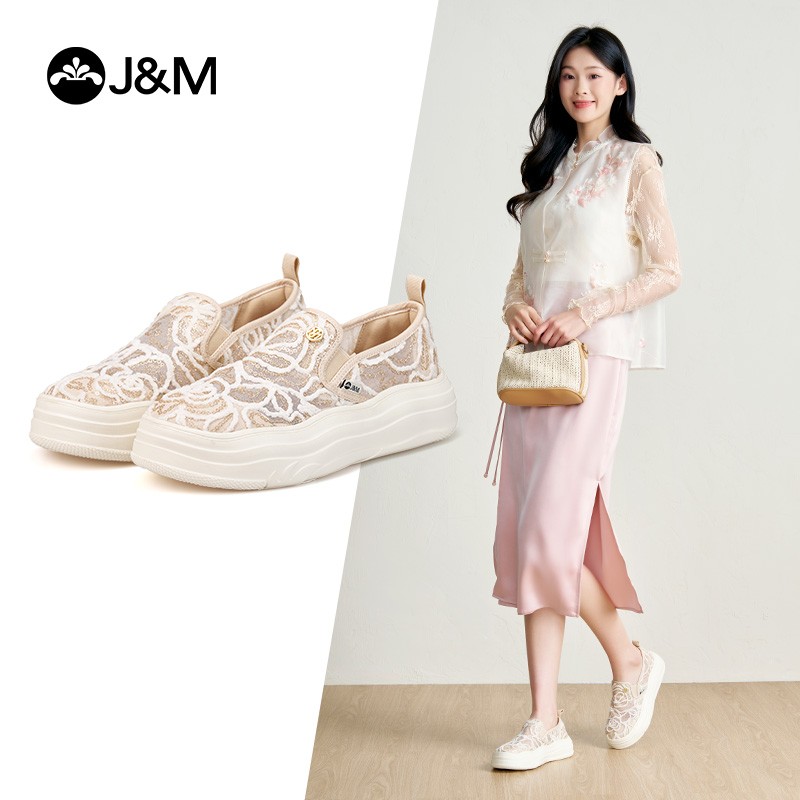 J&M/快乐玛丽小香风女鞋2025女蕾丝透气网纱厚底镂空一脚蹬88163W主图