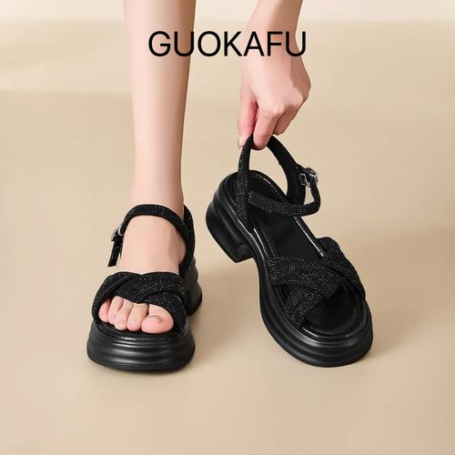 GUOKAFU果卡芙 厚底凉鞋女2025夏季法式镶钻软底一字带凉鞋166-8主图