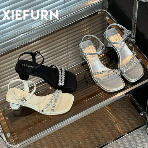 XIEFURN/鞋夫人2025夏季新款仙女风水钻法式一字带粗跟气质凉鞋主图