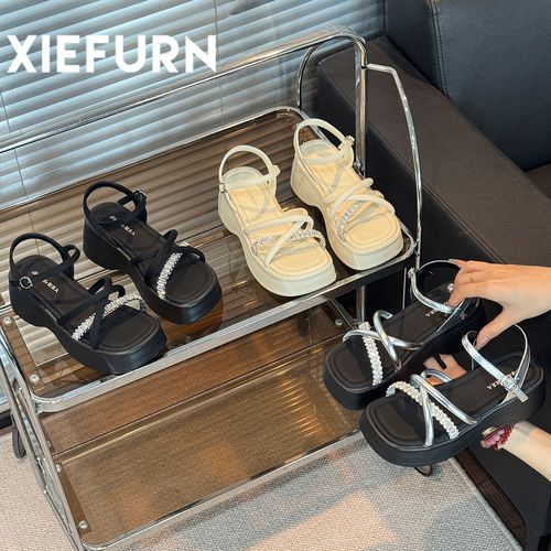 XIEFURN/鞋夫人水钻交叉带坡跟厚底增高凉鞋2025夏季露趾罗马凉鞋主图