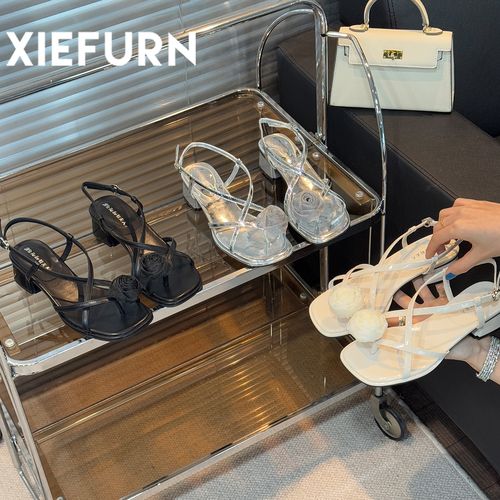 XIEFURN/鞋夫人夏季山茶花仙女风粗跟凉鞋2025新款度假风细带凉鞋主图
