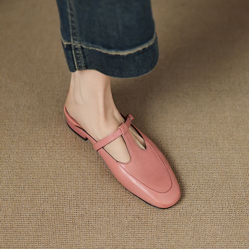 【NICESEE】3cm,春夏新款仙女粉粗跟半拖鞋女真皮中跟透气包头凉拖主图