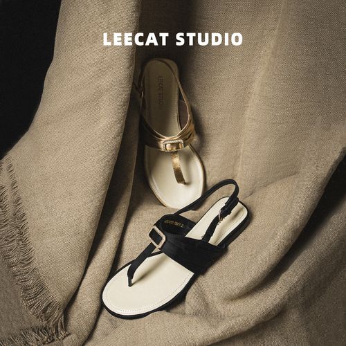 LeeCat Studio平底水钻凉鞋女款2025夏季新款时尚百搭真皮鞋子主图