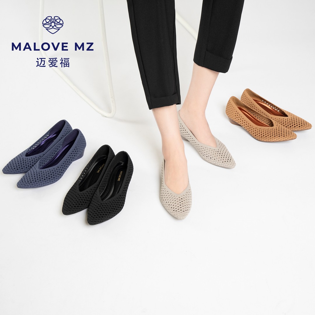 MALOVEMZ尖头透气软底坡跟女鞋2025年夏季新款舒适网面浅口单鞋主图