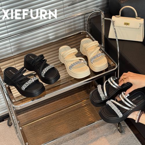 XIEFURN/鞋夫人百搭沙滩鞋小众松糕厚底两穿凉鞋2025夏增高一字拖主图