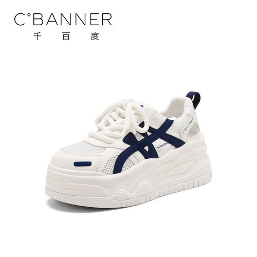 C.BANNER/千百度厚底增高小白鞋女2025新款透气网面镂空休闲板鞋主图