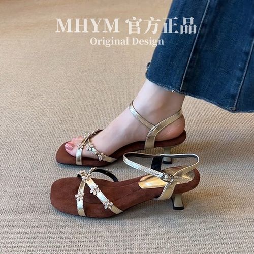 MH官方法式水钻花一字带方头真皮凉鞋女气质百搭配裙子高跟鞋夏主图