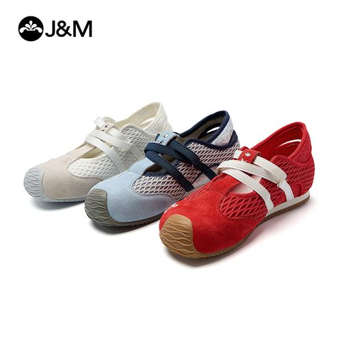 J&M/快乐玛丽2025新款撞色透气网面德训鞋女镂空减震轻便31628W主图