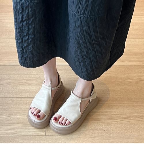 法式厚底露趾凉鞋女2025夏季新款小个子软底简约休闲百搭罗马凉鞋主图