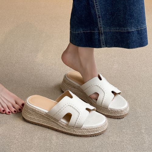 羊皮版~厚底坡跟凉拖鞋女2025新款松糕草编凉鞋夏外穿软底时尚主图