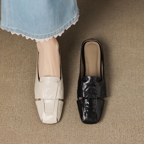 【NICESEE】3.5cm,新款真皮中跟包头半拖鞋女百搭粗跟羊皮懒人拖主图