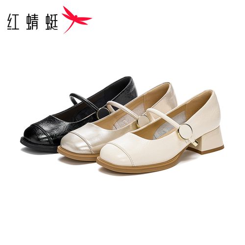 红蜻蜓女士夏季时尚百搭复古一字带玛丽珍舒适透气圆头粗跟单鞋主图