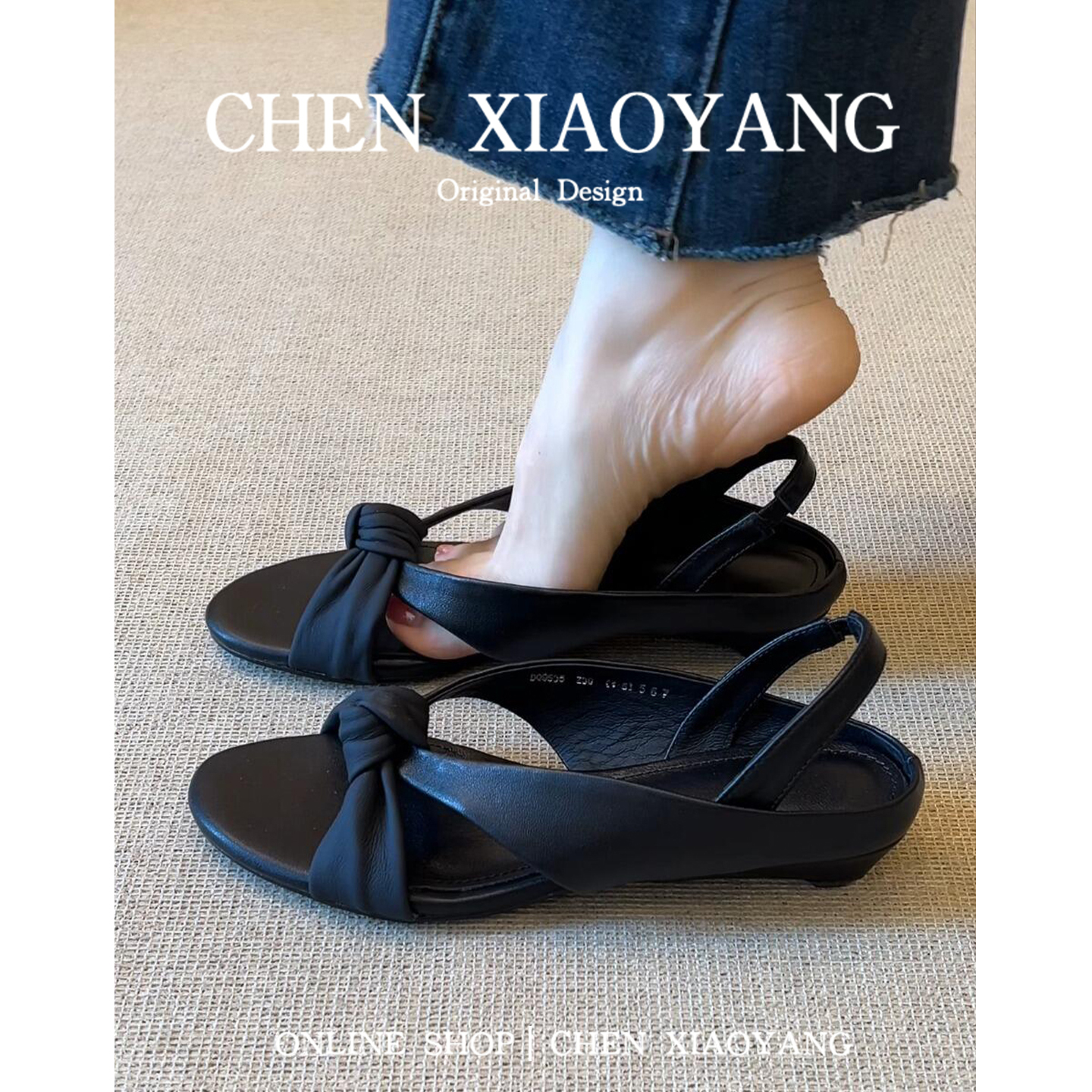 软羊皮极简风气质坡跟露趾凉鞋女圆头法式设计感后绊带显瘦罗马鞋主图