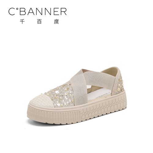 C.BANNER/千百度时尚百搭单鞋女2025新款简约镂空亮片厚底渔夫鞋主图