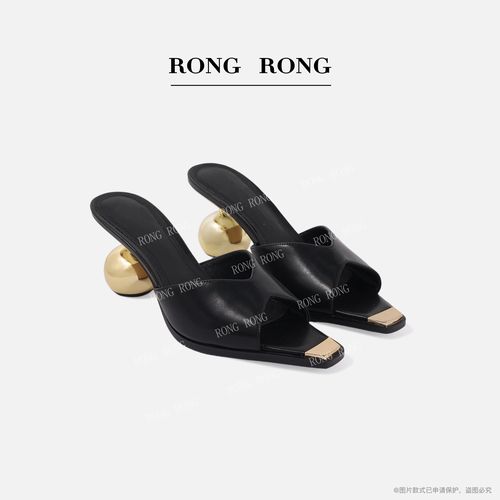 溶溶RONGRONG 真皮胎牛皮金色电镀葫芦跟女士鱼嘴拖鞋25161主图