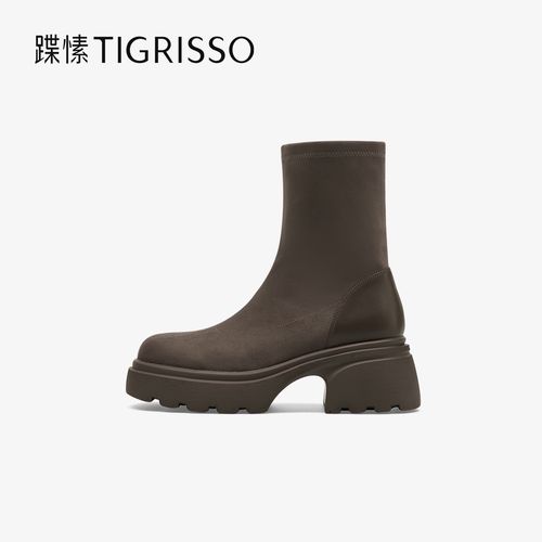蹀愫秋冬新款高帮黑色弹力靴时尚厚底增高拼接保暖靴子TA54761-51主图