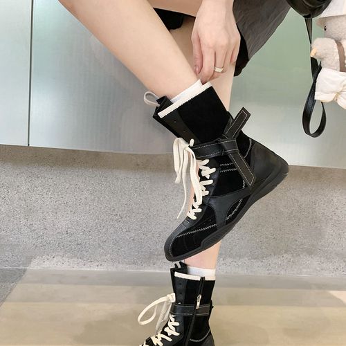 葡萄妈studiolee时髦拳击靴~复古拼色绑带侧拉链猎装德训马丁靴女主图