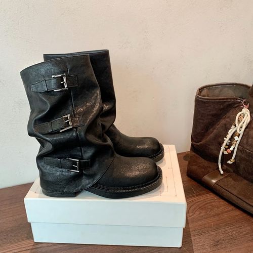 【芜阅】早秋新款英伦风粗跟中筒靴秋冬百搭堆堆马丁靴D987主图