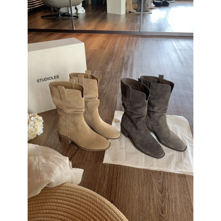 葡萄妈studiolee 增高8cm~圆头V口粗跟厚底显瘦大筒围堆堆短靴女