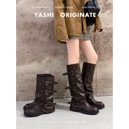 真皮~内增高黑色中筒裤管靴女秋西部牛仔骑士靴厚底褶皱堆堆短靴