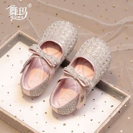 舞玛女童鞋儿童公主鞋2026新款春秋季珍珠蝴蝶结软底水晶鞋537103