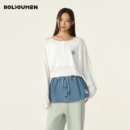 Holdoumen25夏季日常系列亨利领宽松圆领长袖T恤
