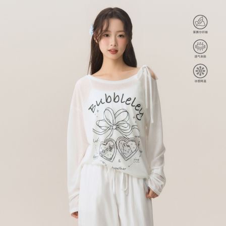 BUBBLELEY 春夏宽松印花防晒百搭圆领长袖莱赛尔蝴蝶结罩衫女