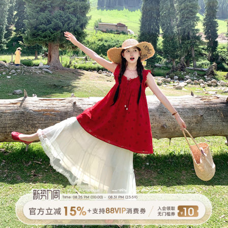 Acaine红色中长款镂空宽松吊带连衣裙网纱半裙女夏法式度假风裙子