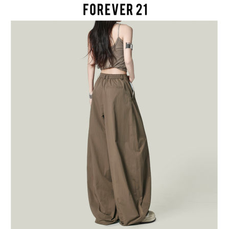 Forever 21复古卡其色阔腿休闲裤女2025设计感高腰宽松直筒弯刀裤