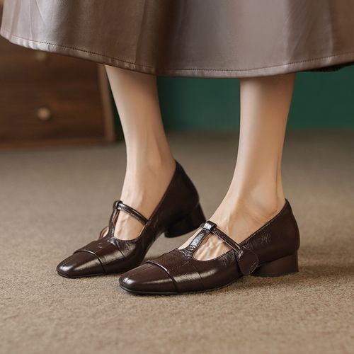 3cm/牛皮/时尚真皮一字带玛丽珍单鞋女法式优雅方头中跟气质女鞋主图