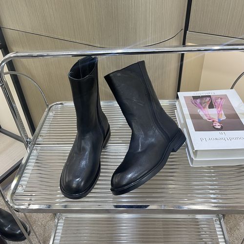 2025秋季新款低跟平底胎牛圆头黑色短靴百搭真皮女士中筒靴G528主图