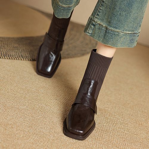 【NICESEE】4cm,2025秋冬新款百搭粗跟方头真皮短靴女韩版针织袜靴主图