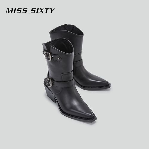 Miss Sixty冬季新款牛仔靴女复古西部风机车靴尖头粗跟皮靴主图