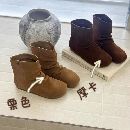短靴【薇薇绮】磨砂短靴平跟圆头堆堆靴舒适百搭2025新款 E11主图