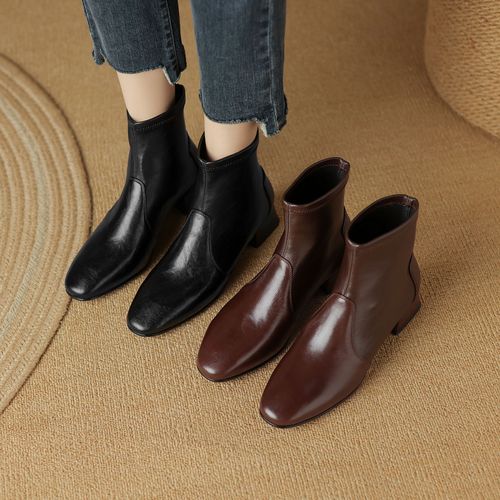 半坊手工女鞋|34-39|4.0cm|秋冬法式复古方头真皮套筒粗跟短靴女主图